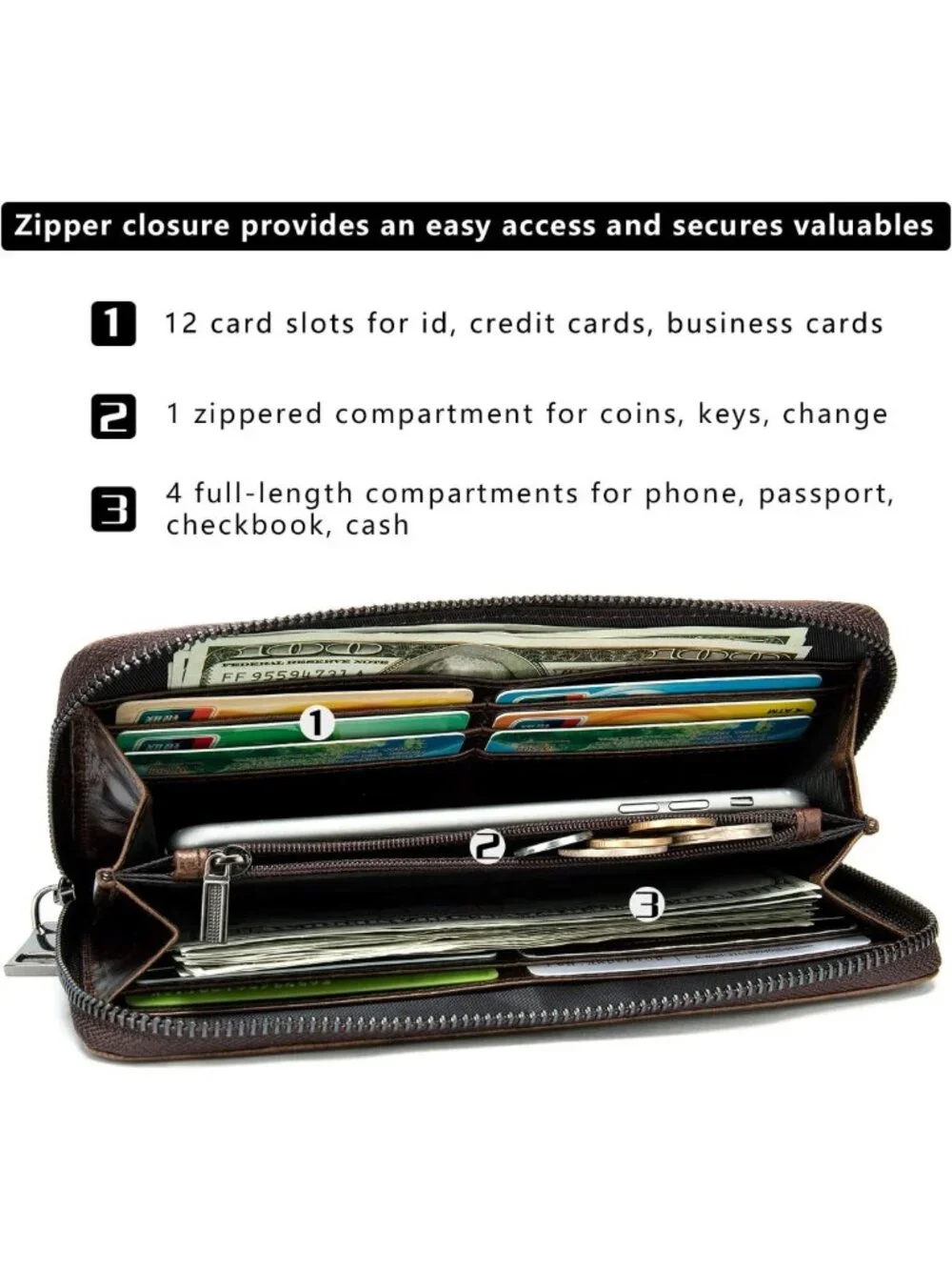Stylish Genuine Leather Long Wallet for Men - Personalized Zip Around Checkbook